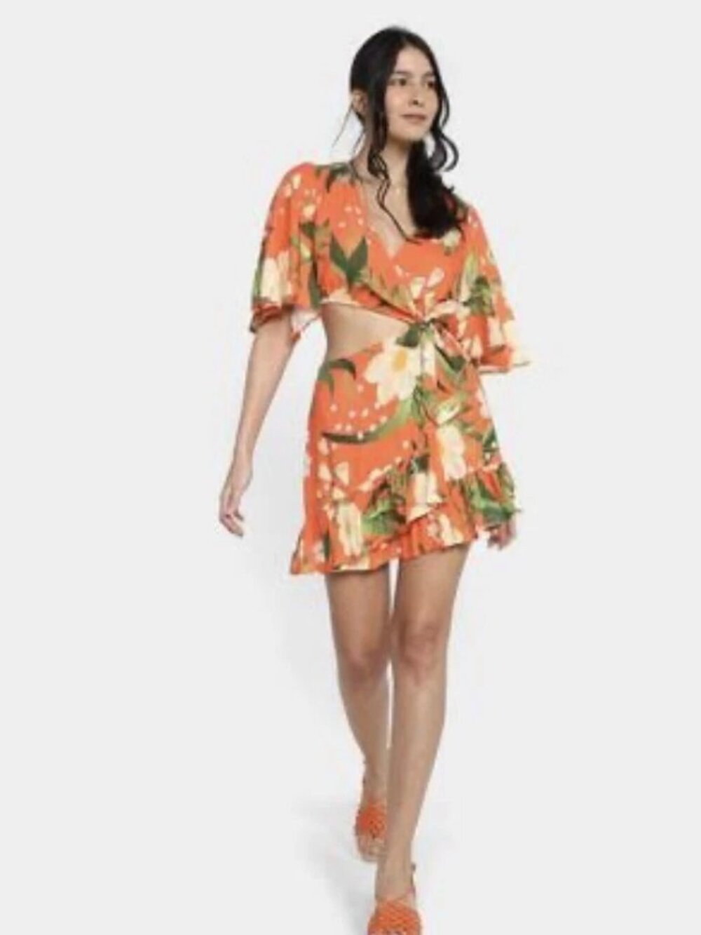 FARM RIO Coral/Orange Floral V-neck Cutout Mini Dress Sz S